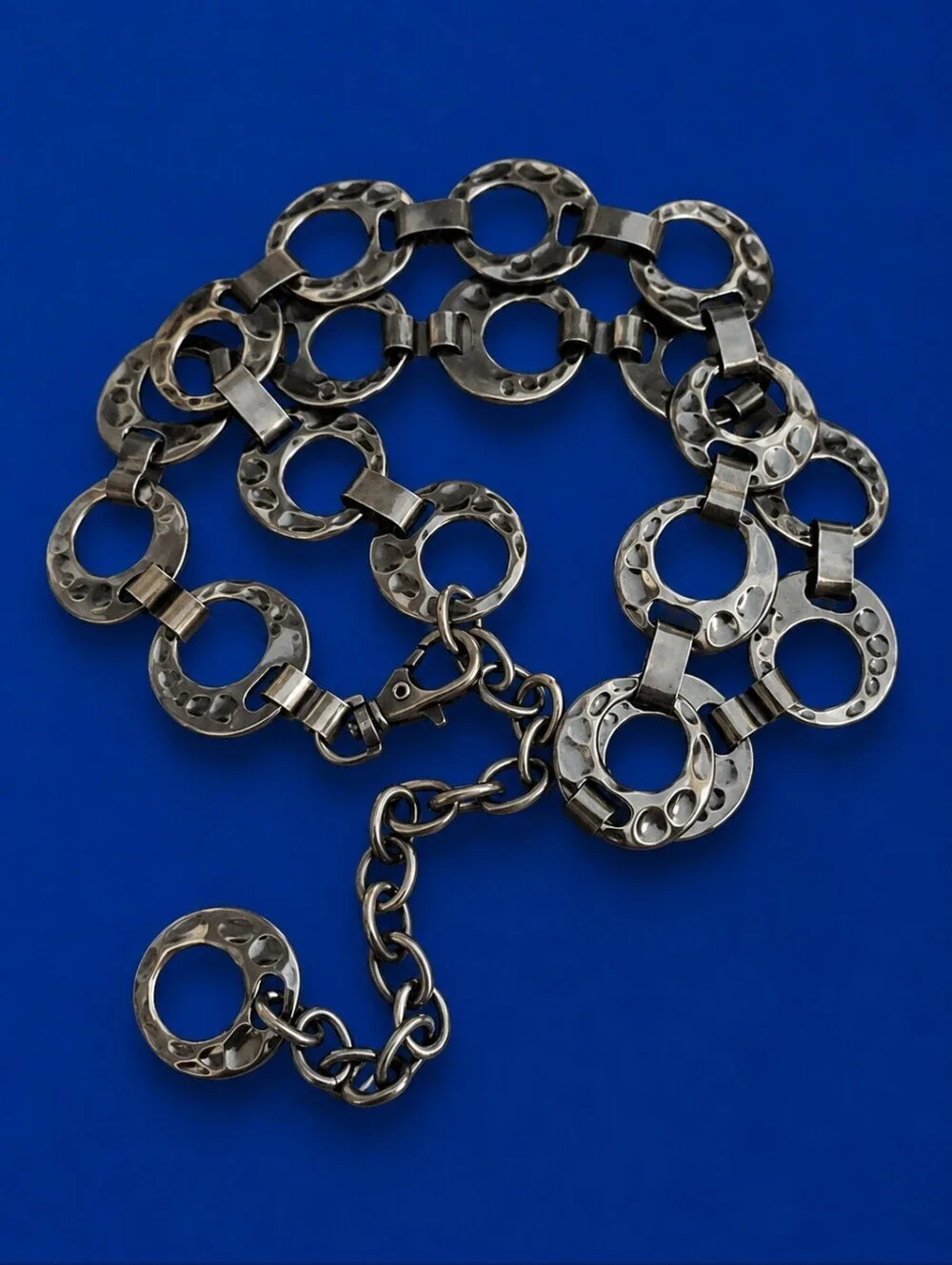 Vtg Gunmetal Hammered Circle Chain Link Disco Grunge Punk Moto Belt